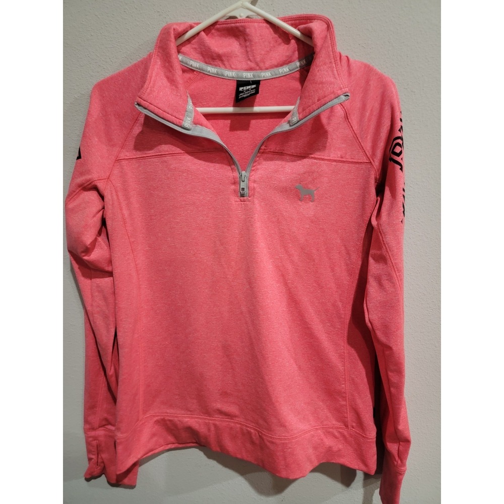 Pink Victoria's Secret 1/4 Zip Jacket Long Sleeve Workout‎ Hot Pink W/Logo Sz M